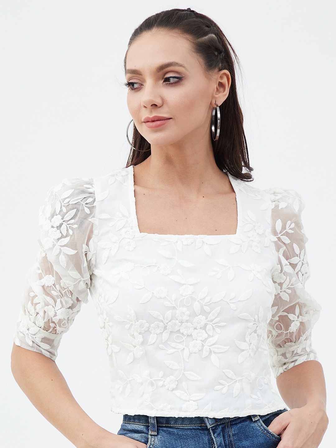 

Harpa Self Design Square Neck Top, White