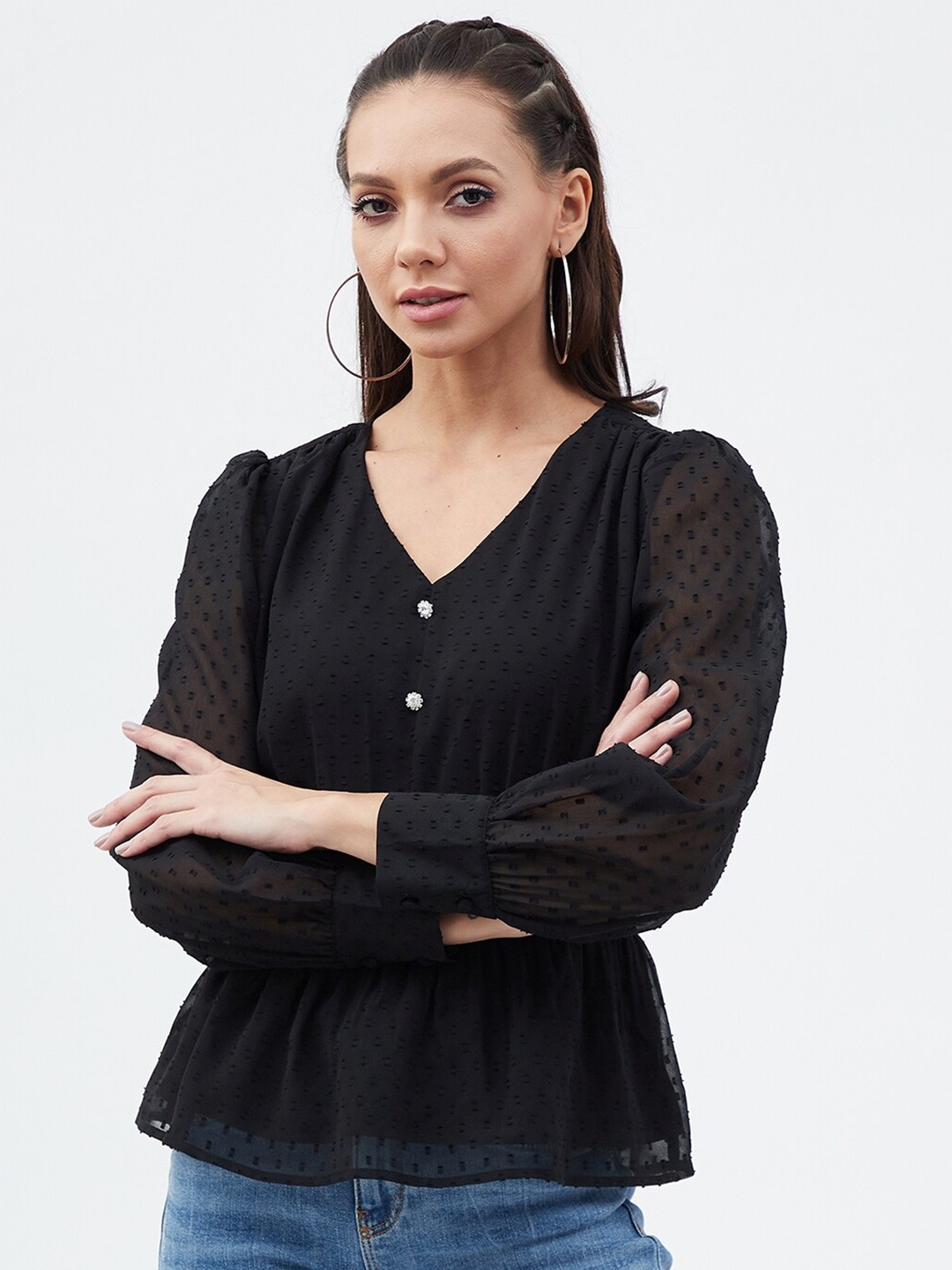 

Harpa Sheen Sheer Cinched Waist Top, Black