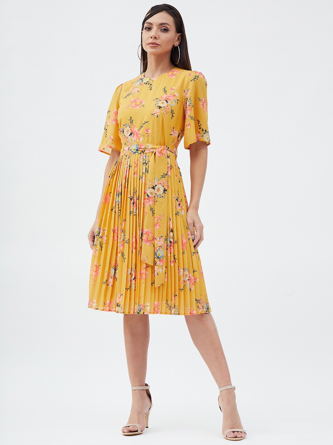 

Harpa Floral Printed Accordion Pleated Fit & Flare Dress, Mustard