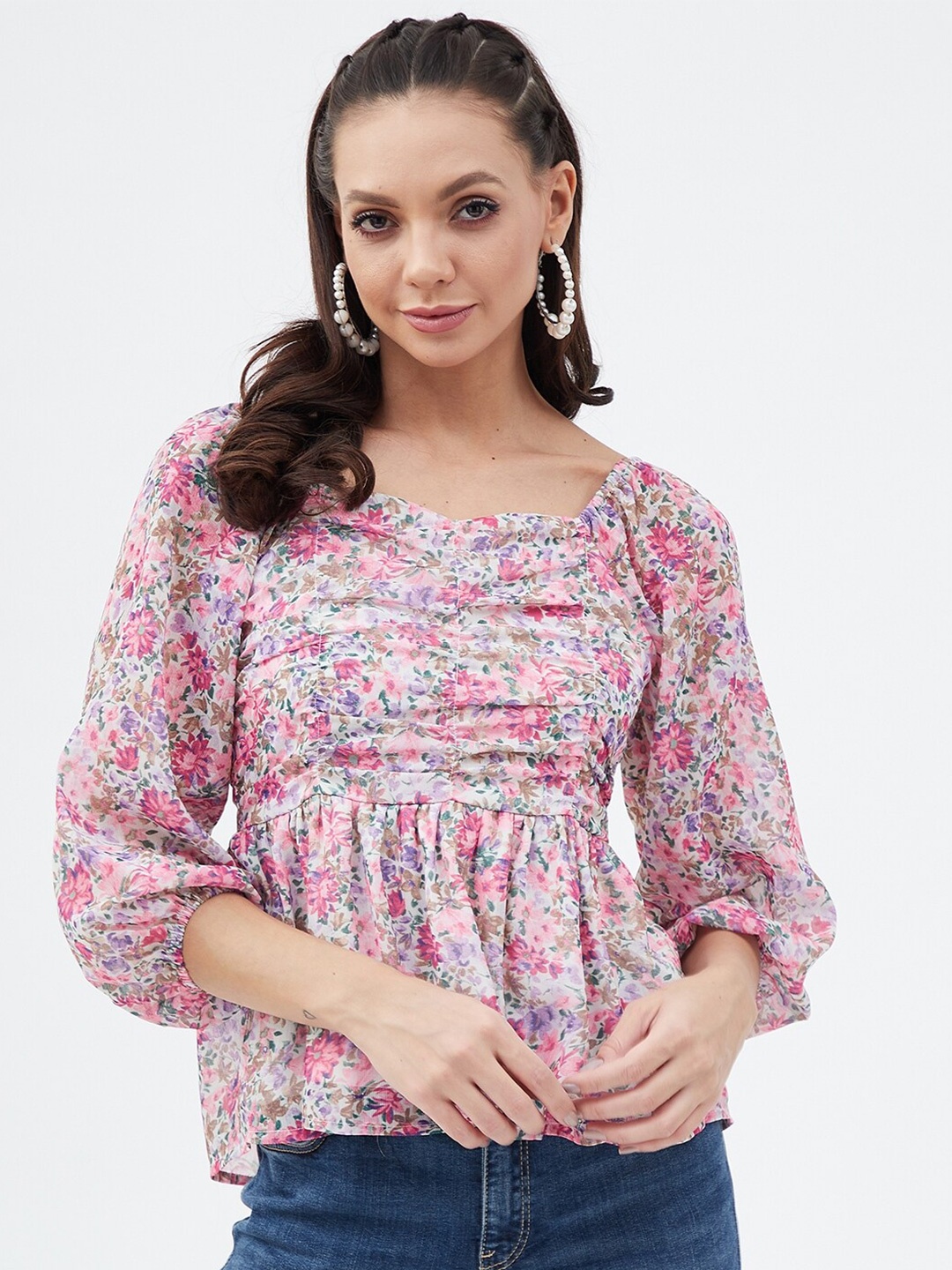 

Harpa Square Neck Floral Printed Chiffon Empire Top, Lavender