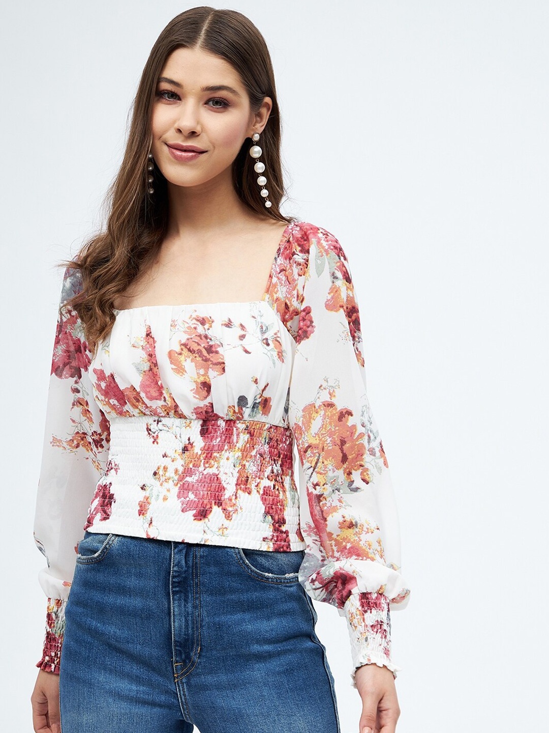 

Harpa Floral Print Smocked Georgette Top, White