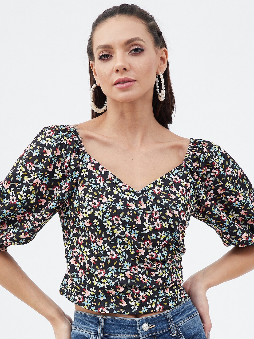 

Harpa Puff Sleeve Floral Print Top, Black