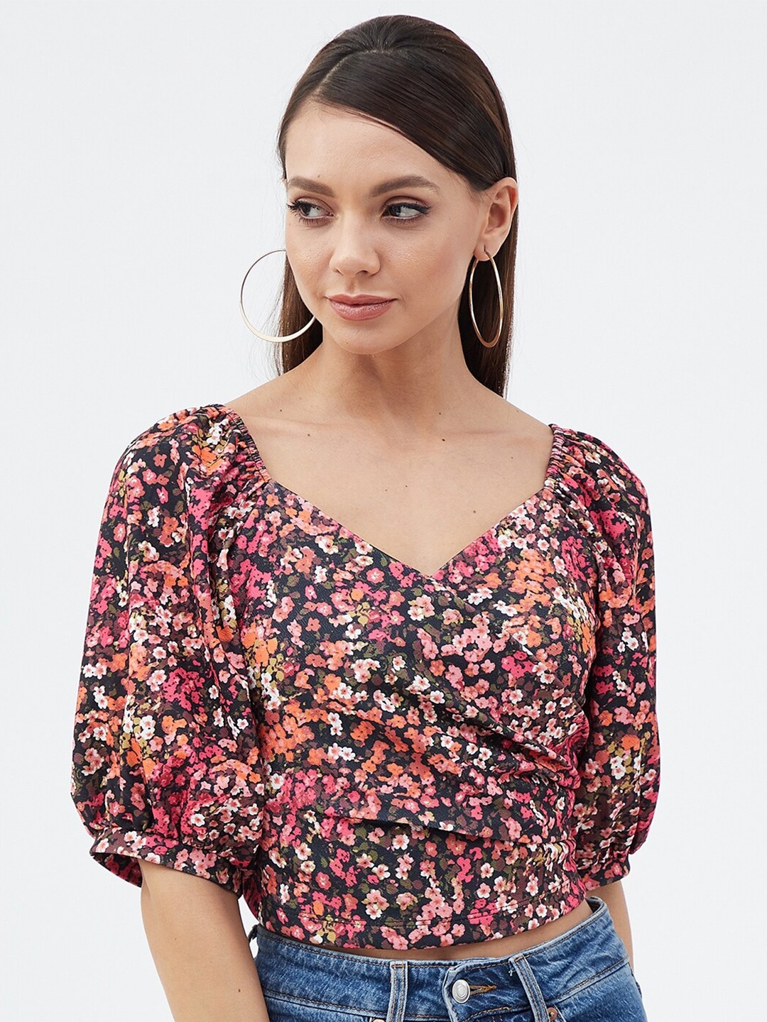 

Harpa Floral Print Blouson Top, Black