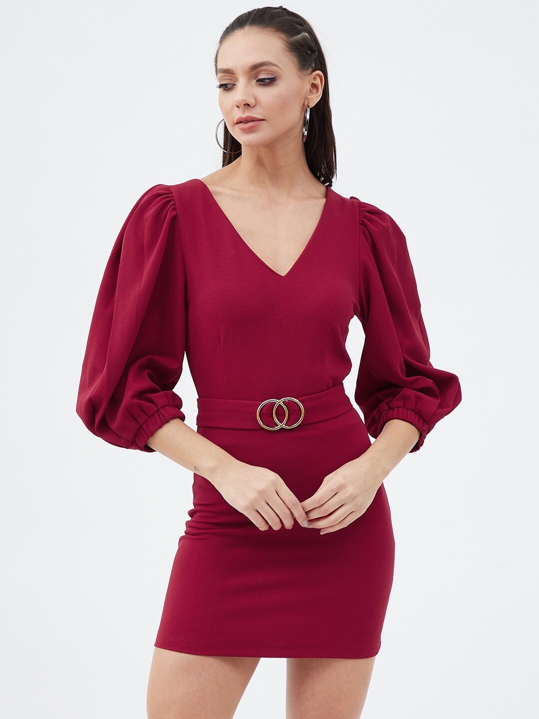 

Harpa V-Neck Belted Bodycon Dress, Maroon