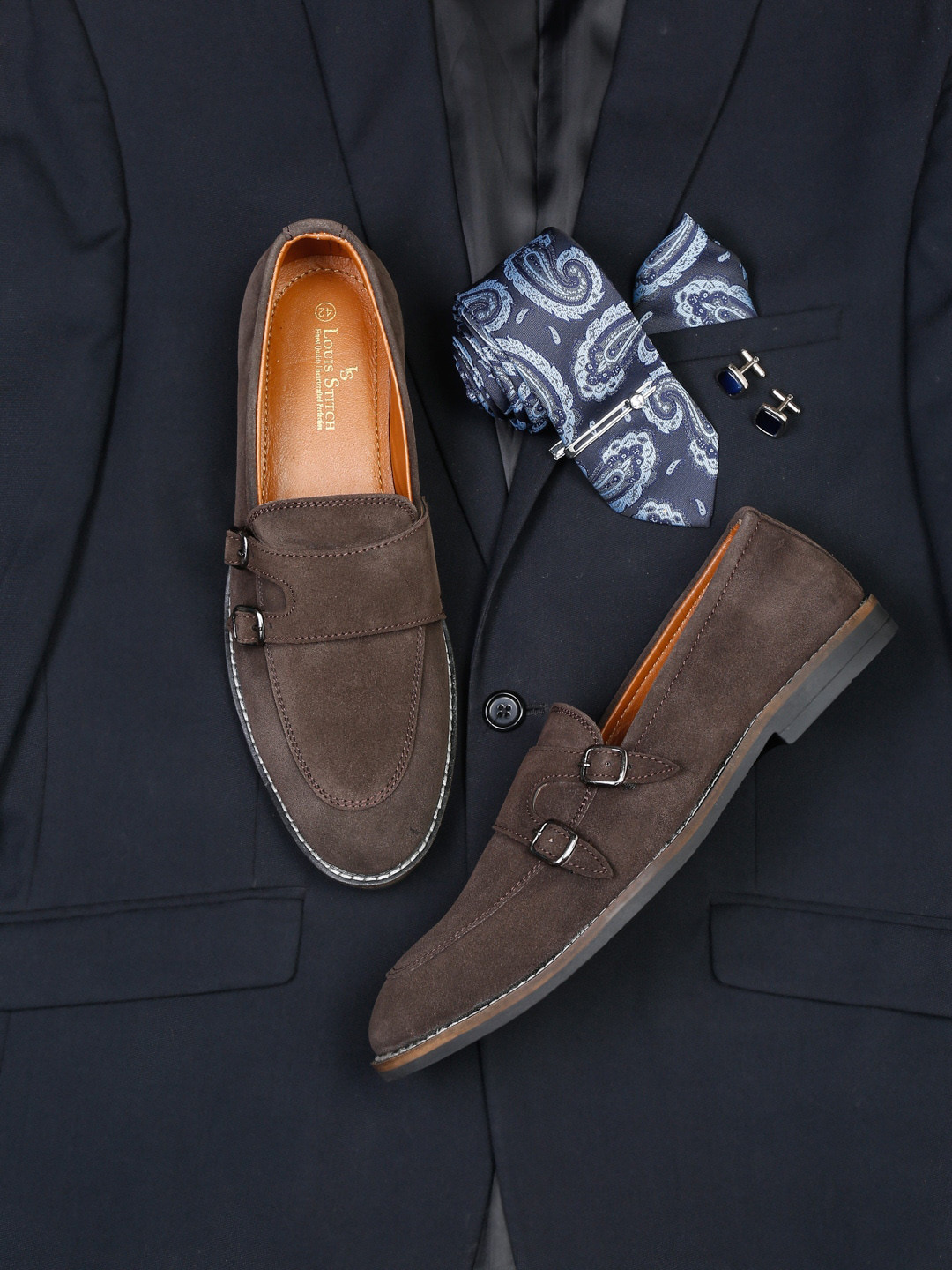 

LOUIS STITCH Men Italian Suede Leather Formal Double Monk Shoes, Brown