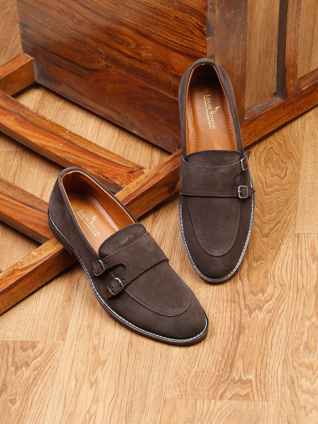 

LOUIS STITCH Men Leather Formal Monk Penny Shoes, Brown