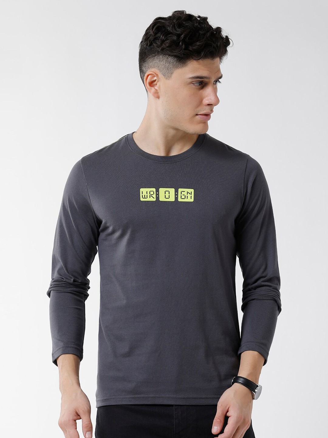 

WROGN Men Typography Printed Slim Fit Cotton T-shirt, Charcoal