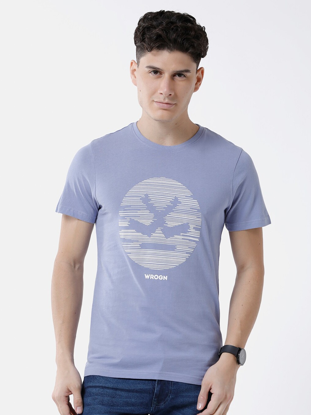 

WROGN Men Graphic Printed Slim Fit Cotton T-shirt, Purple