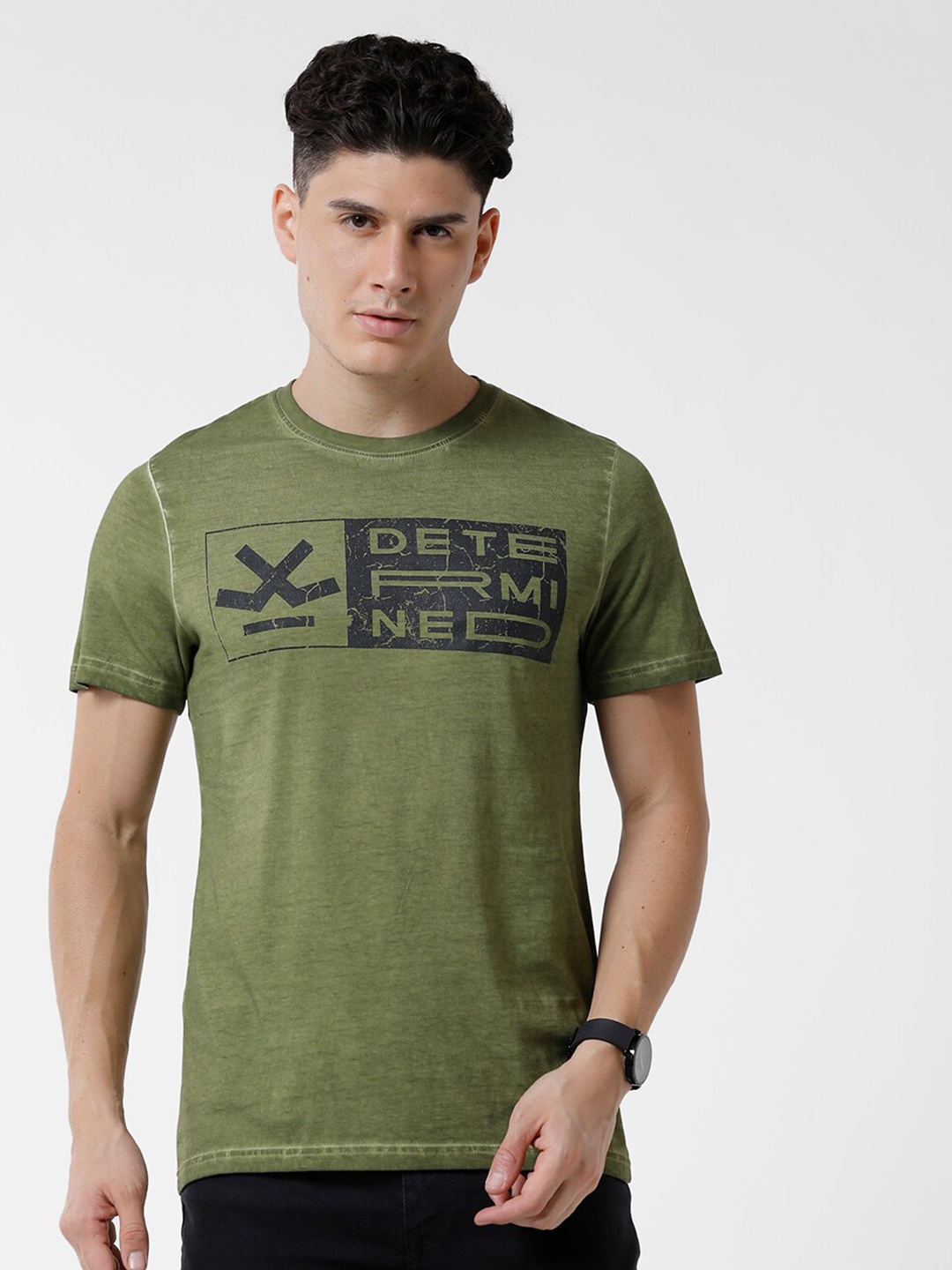 

WROGN Men Typography Printed Slim Fit Cotton T-shirt, Olive