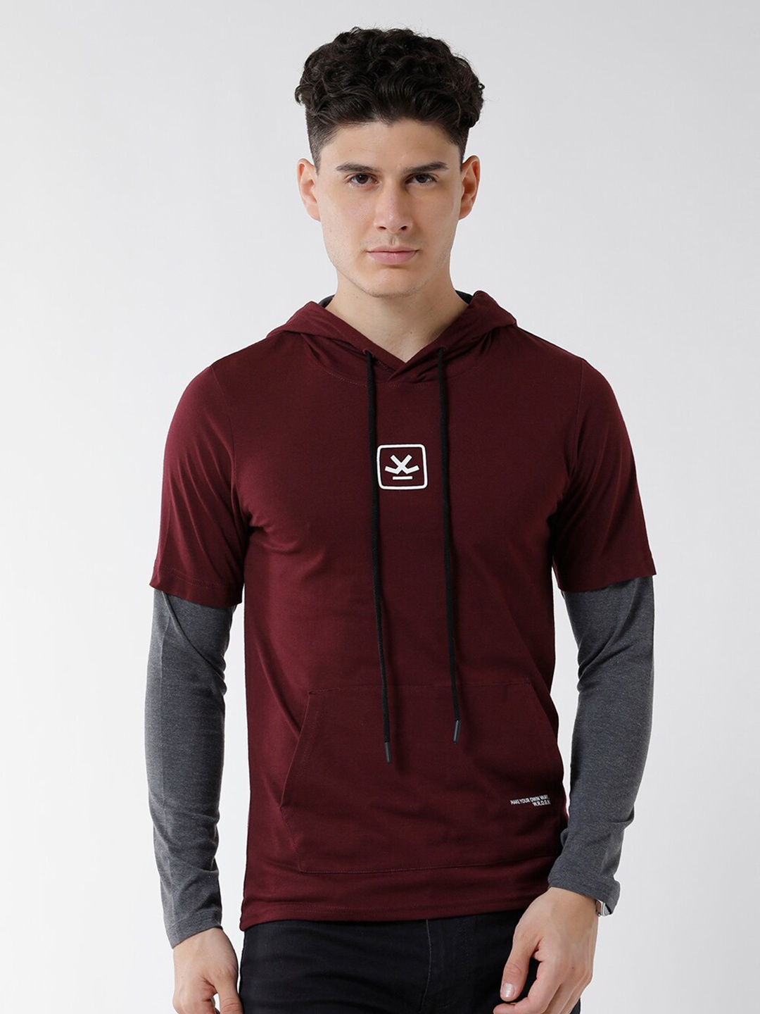 

WROGN Men Hooded Doctor Sleeve Slim Fit T-shirt, Maroon