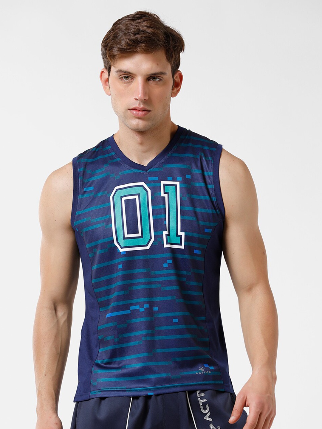 

WROGN Men Varsity Printed V-Neck Sleeve Less T-shirt, Navy blue