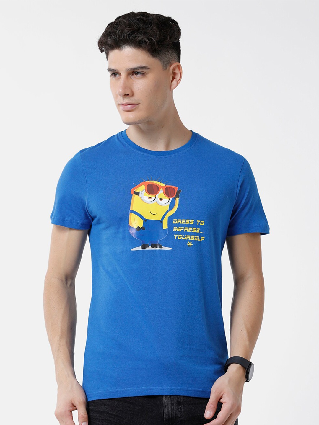 

WROGN Men Minion Printed Round Neck Cotton T-shirt, Blue
