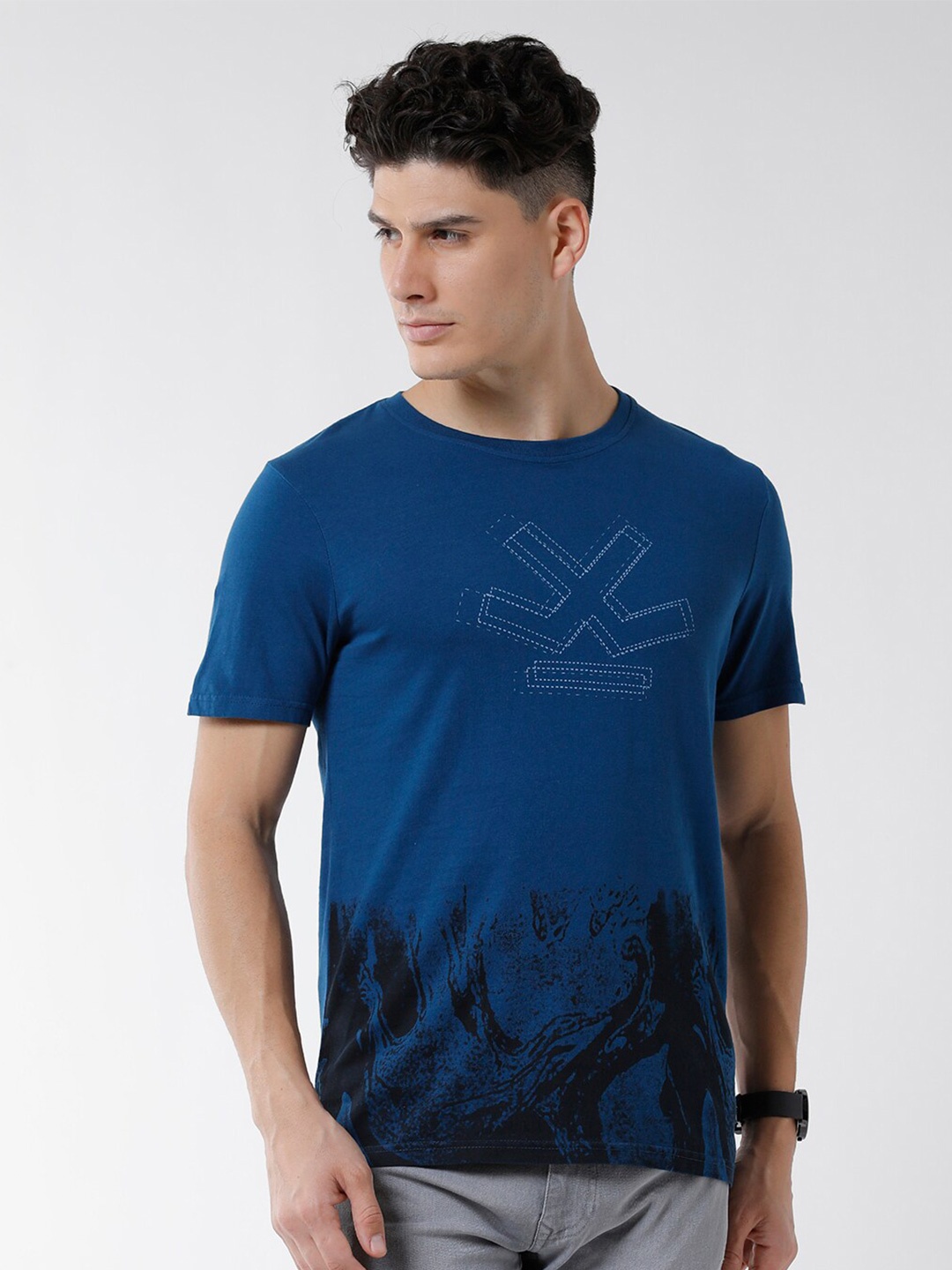 

WROGN Men Printed Round Neck Cotton T-shirt, Teal