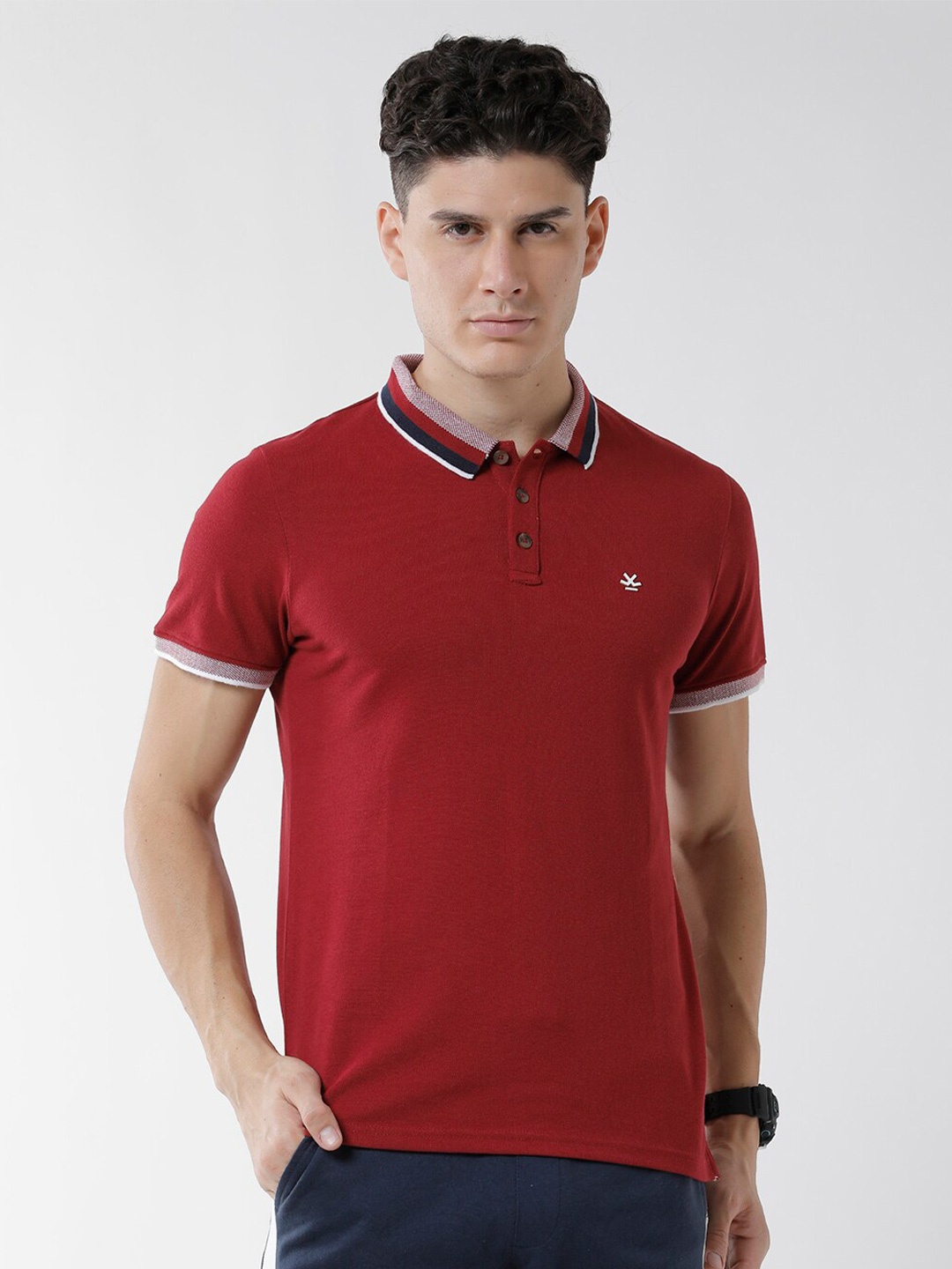 

WROGN Men Polo Collar Slim Fit Pure Cotton T-shirt, Maroon