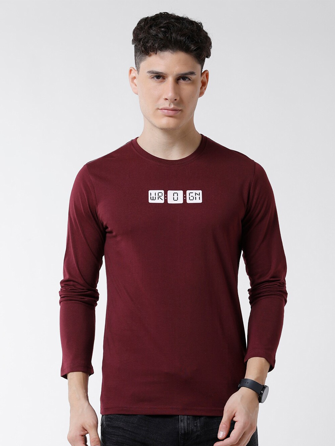 

WROGN Men Long Sleeves Cotton T-shirt, Maroon