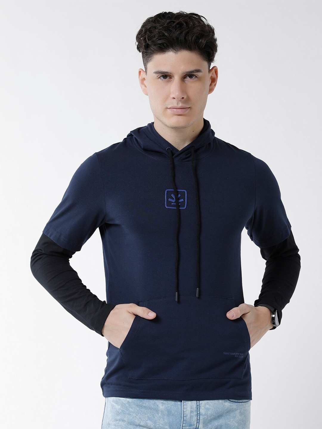 

WROGN Men Long Sleeves Hooded Cotton Sweatshirt, Navy blue