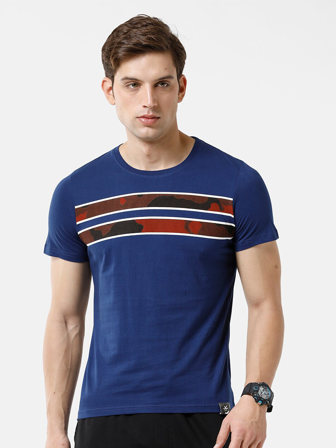 

WROGN Men Striped Cotton T-shirt, Blue