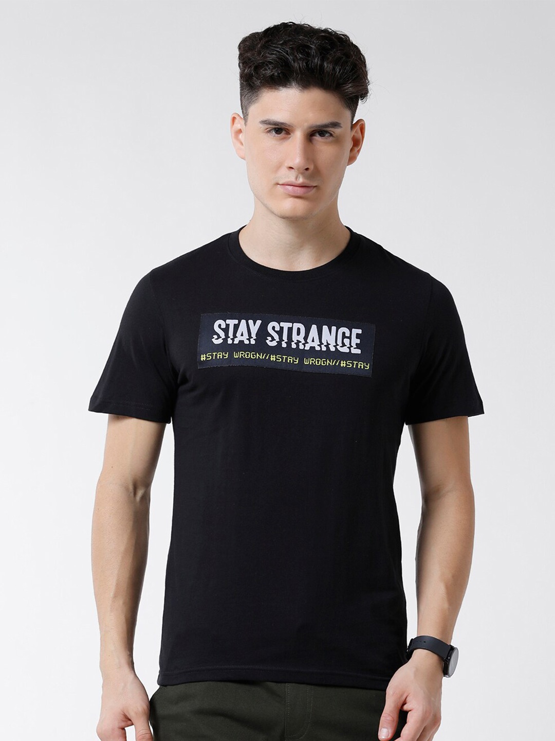 

WROGN Men Typography Printed Slim Fit Cotton T-shirt, Black