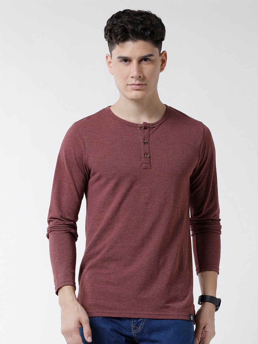 

WROGN Men Henley Neck Slim Fit Pure Cotton T-shirt, Rust