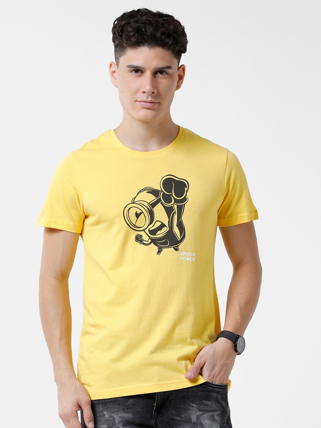 

WROGN Men Graphic Printed Cotton T-shirt, Yellow