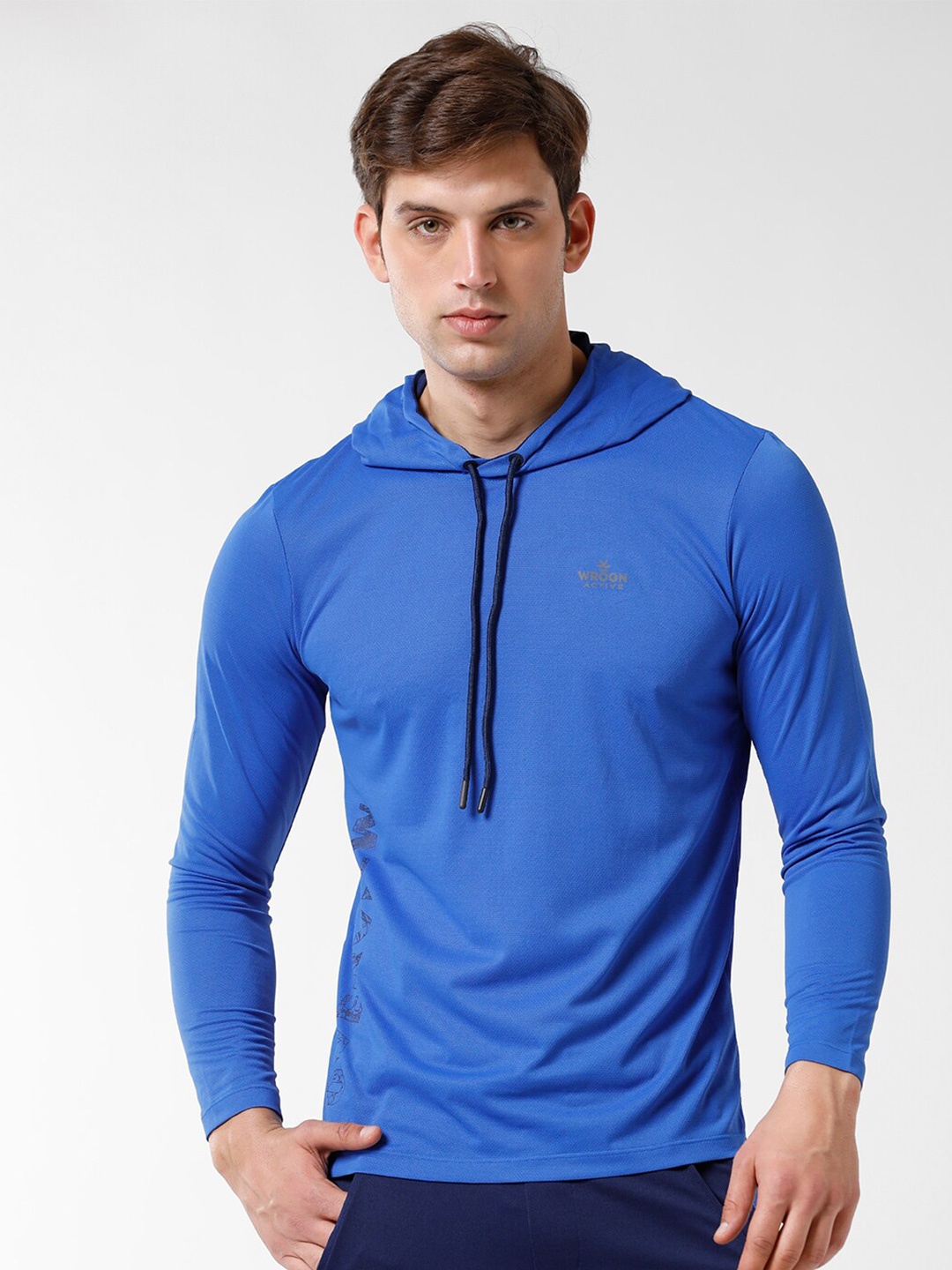 

WROGN Men Hooded Pure Cotton T-shirt, Blue