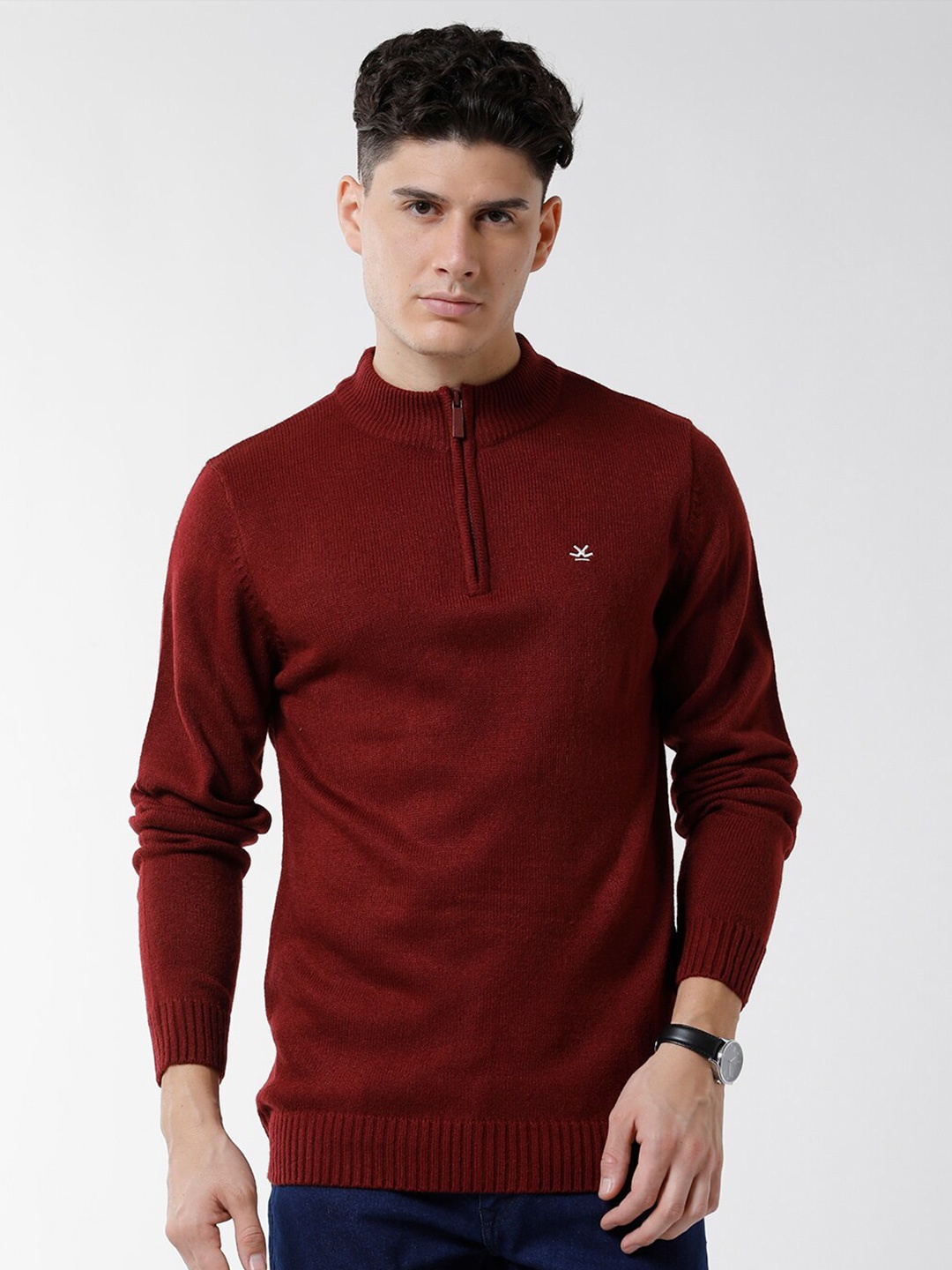 

WROGN Men Pullover with Zip Cotton Detail, Maroon