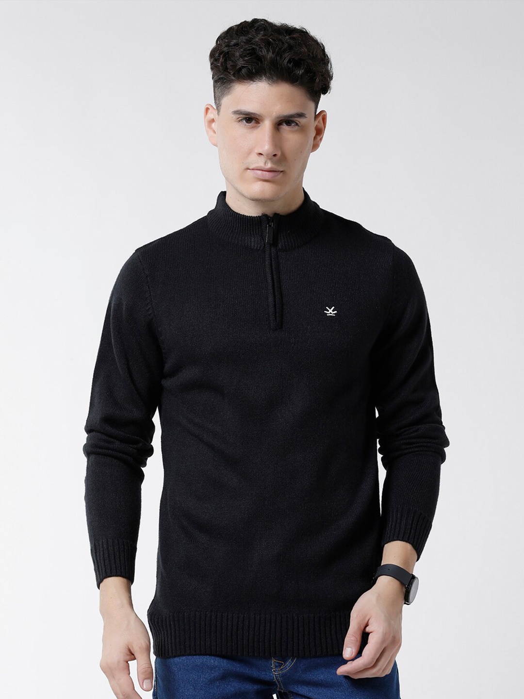 

WROGN Men Mock Neck Cotton Pullover, Black