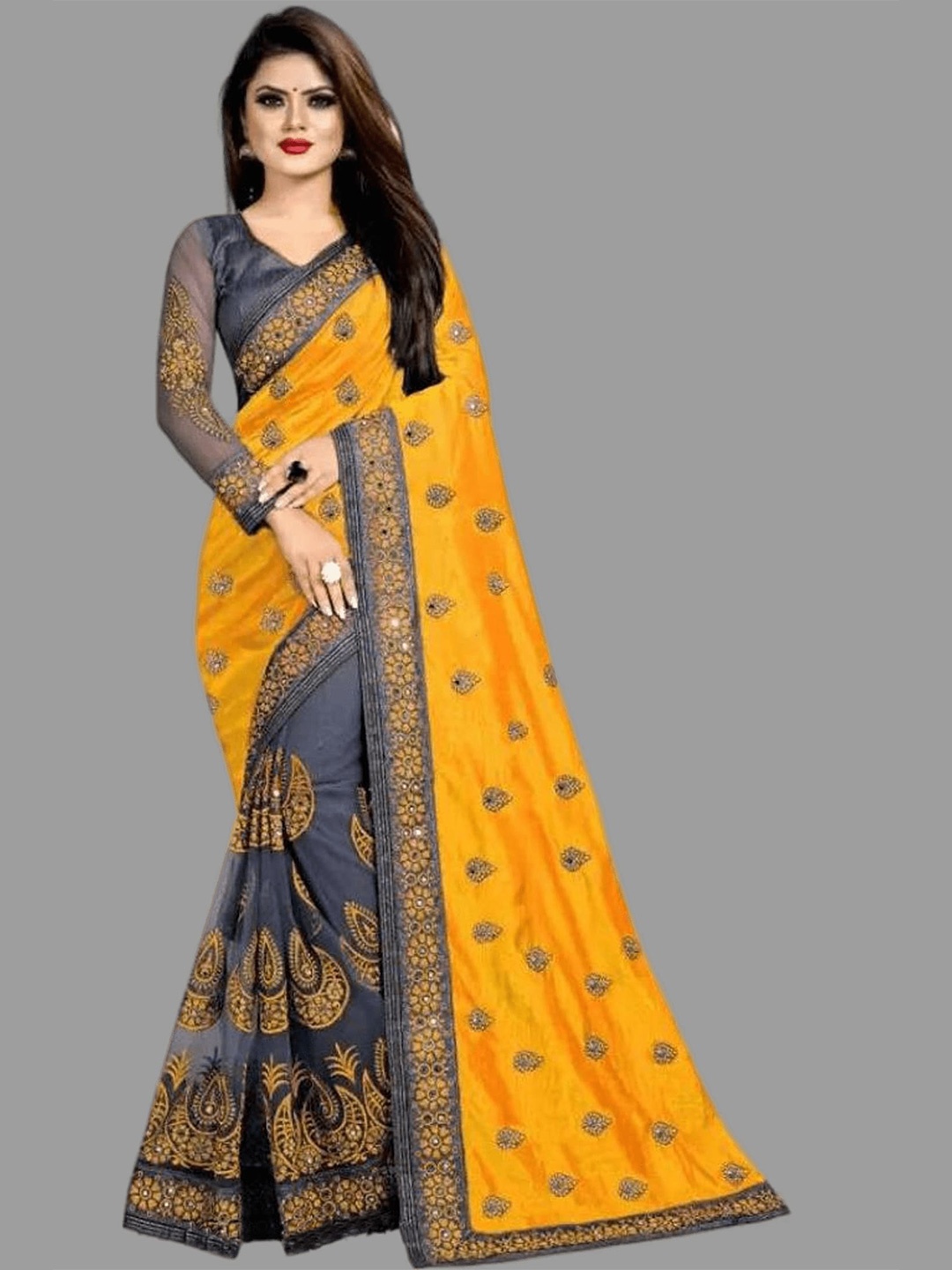 

APNISHA Floral Embroidered Pure Silk Saree, Yellow