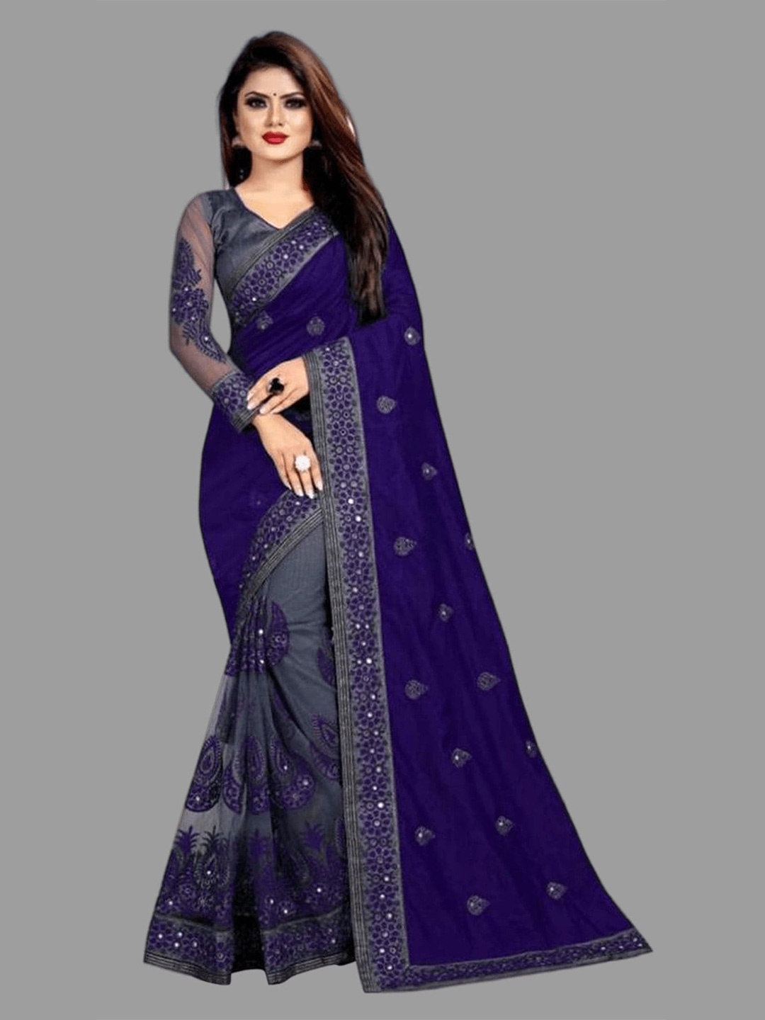 

APNISHA Floral Embroidered Pure Silk Saree, Navy blue