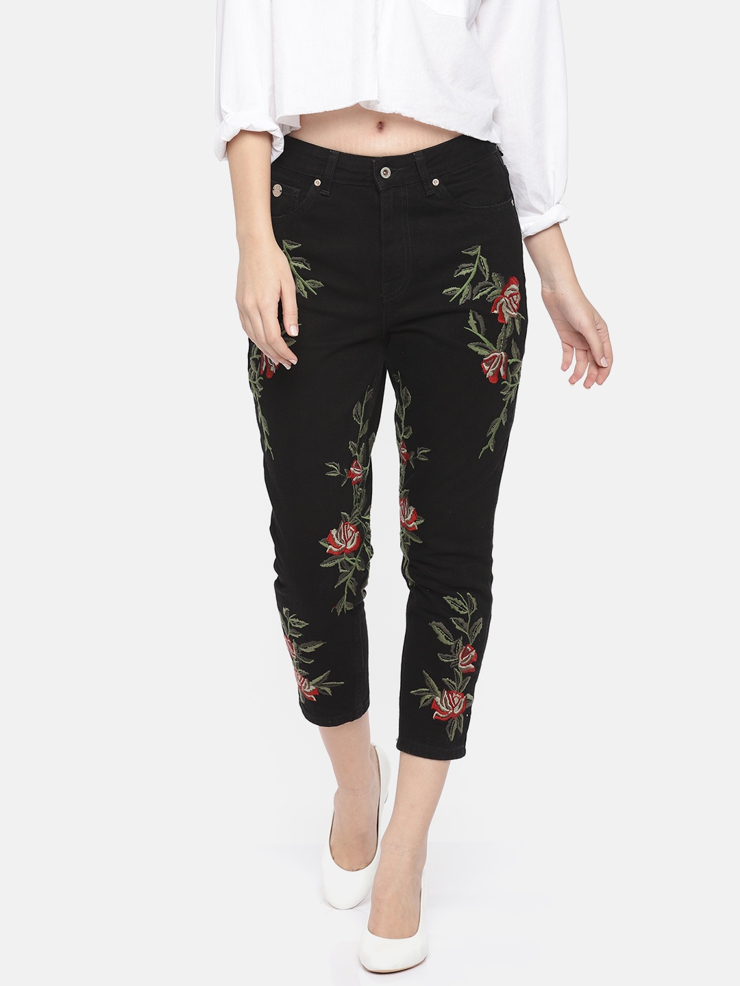 

ONLY Women Black Embroidered Slim Fit Mid-Rise Clean Look Jeans