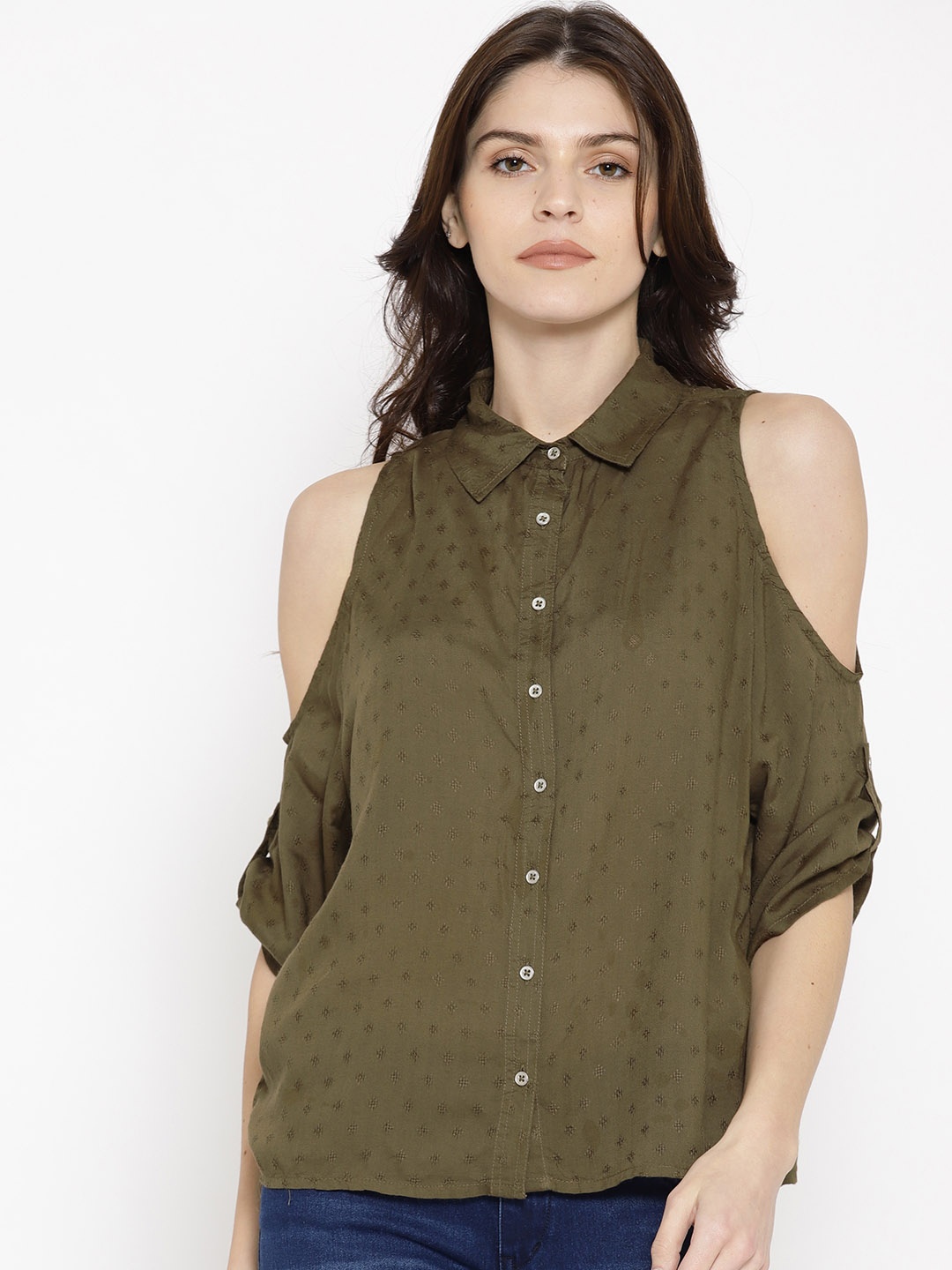 

ONLY Women Olive Green Regular Fit Self-Design Casual Shirt