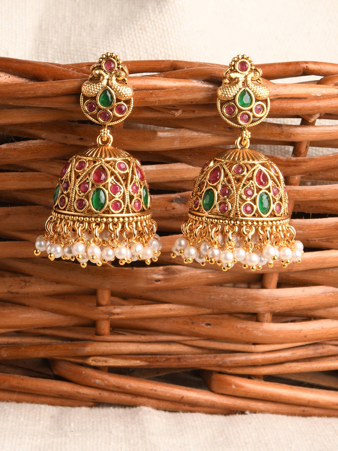 

Fida Women Gold Plated Dome Shaped Jhumkas Earrings, Red