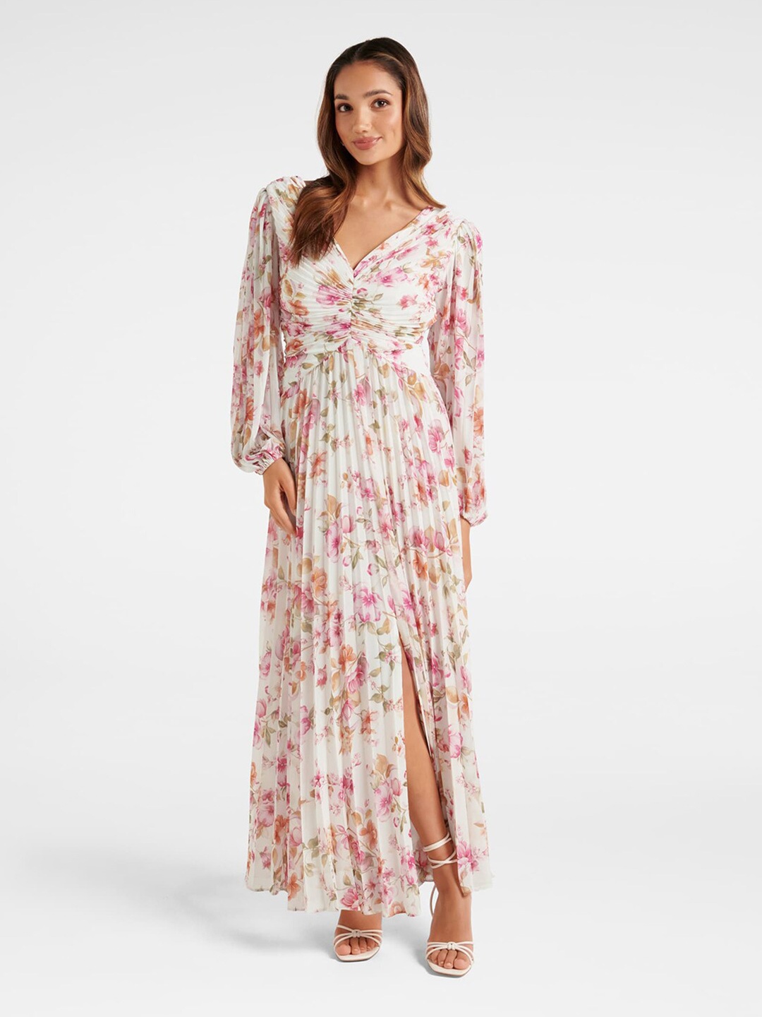 

Forever New Floral Printed Maxi Accordion Pleated Fit & Flare Dress, White