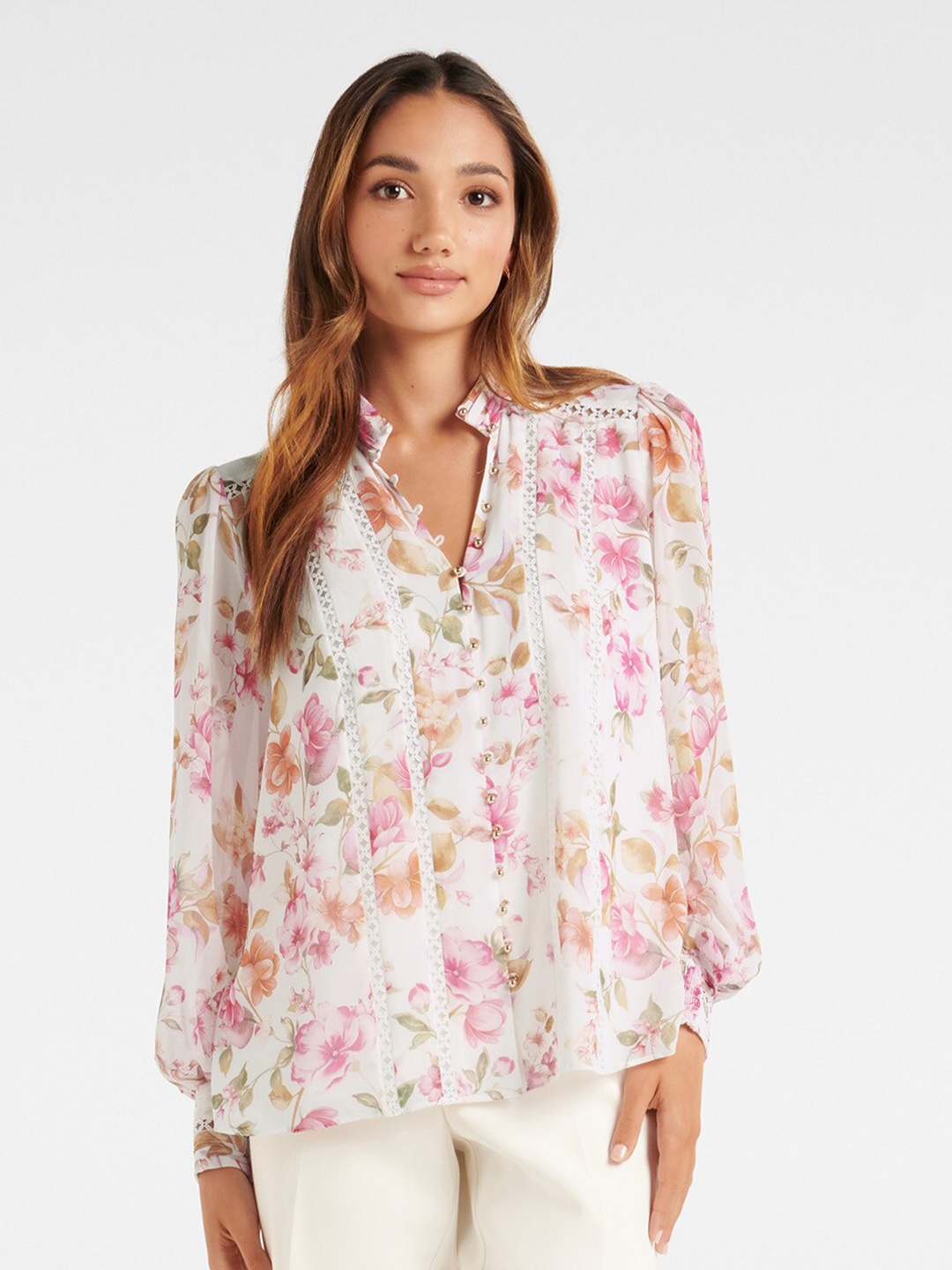

Forever New Floral Print Mandarin Collar Regular Top, White