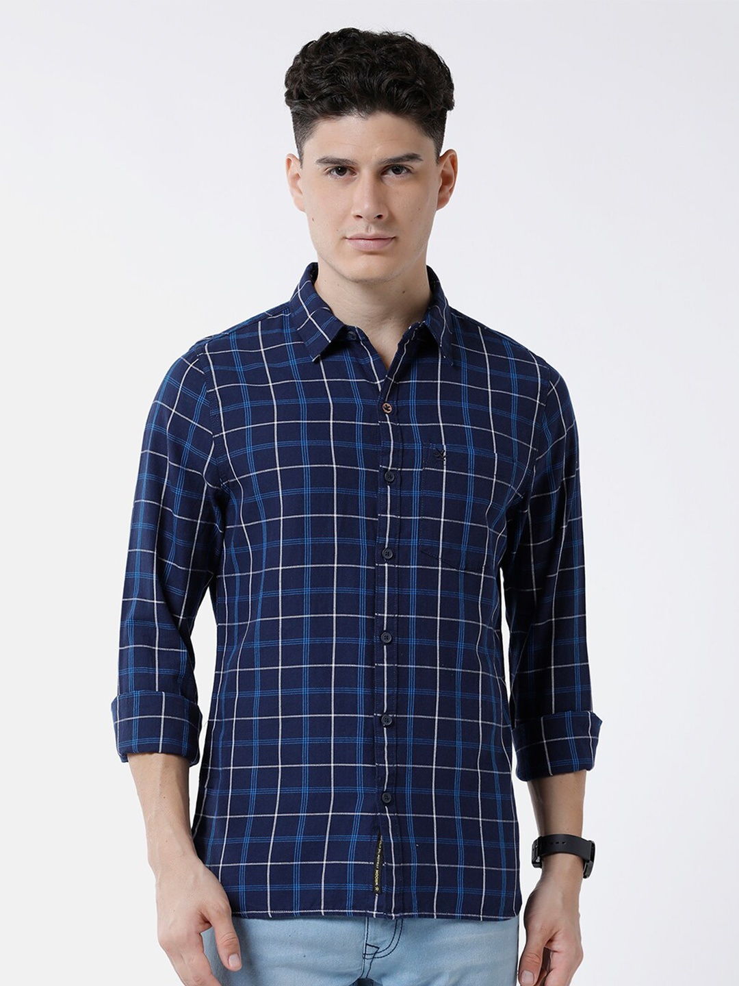 

WROGN Men Slim Fit Tartan Checked Casual Cotton Shirt, Navy blue