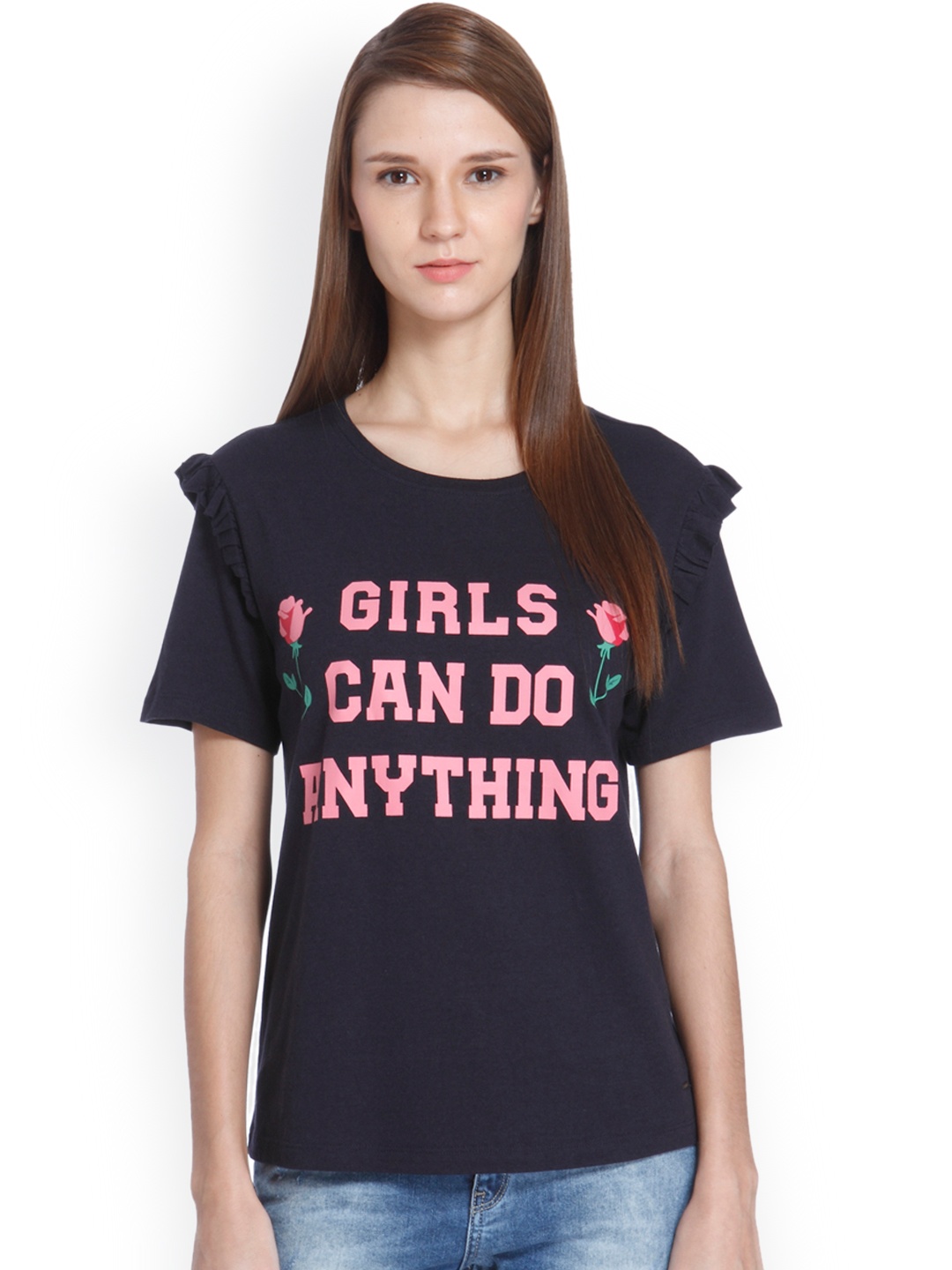 

ONLY Women Navy Blue Printed Round Neck T-shirt