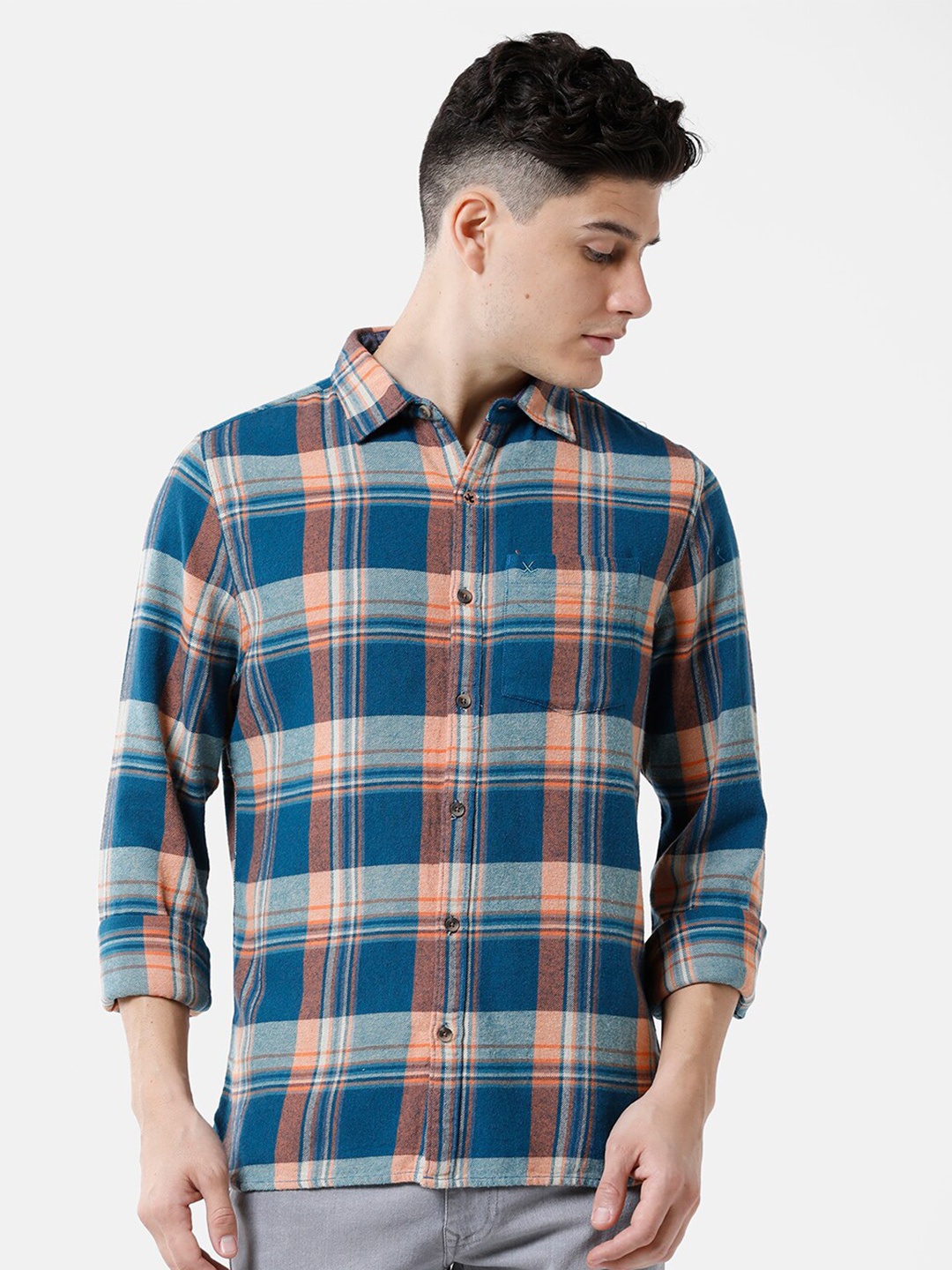 

WROGN Men Slim Fit Tartan Checks Checked Cotton Casual Shirt, Orange