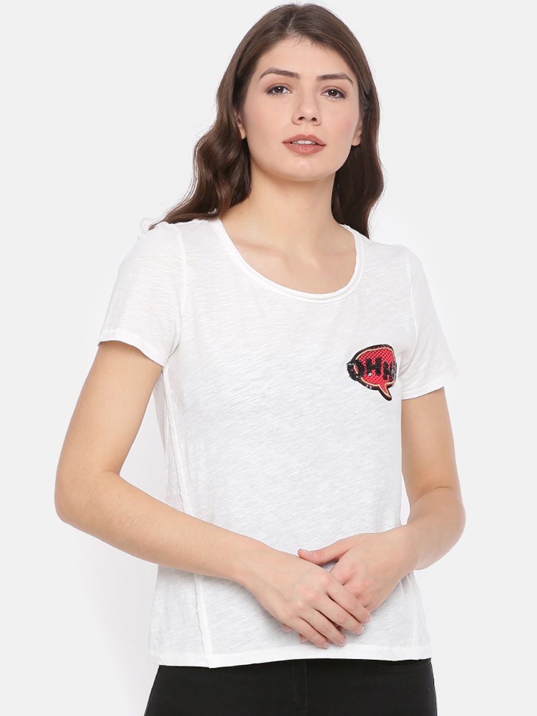 

ONLY Women White Solid Scoop Neck T-shirt