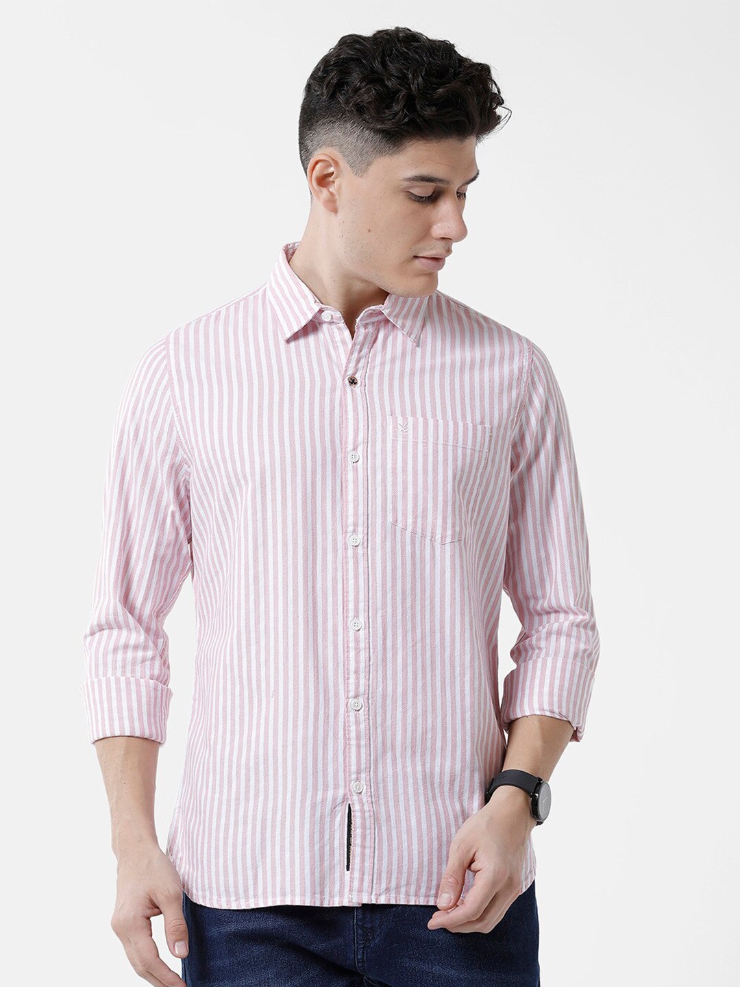 

WROGN Men Slim Fit Striped Pure Cotton Casual Shirt, Pink