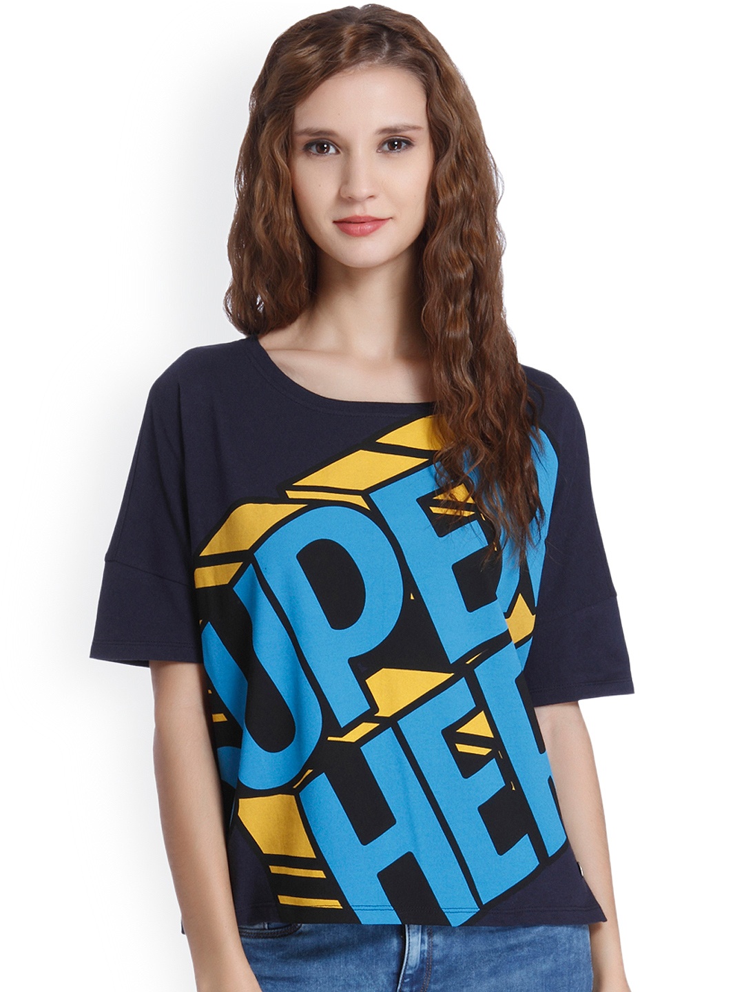 

ONLY Women Navy Blue Printed Round Neck T-shirt