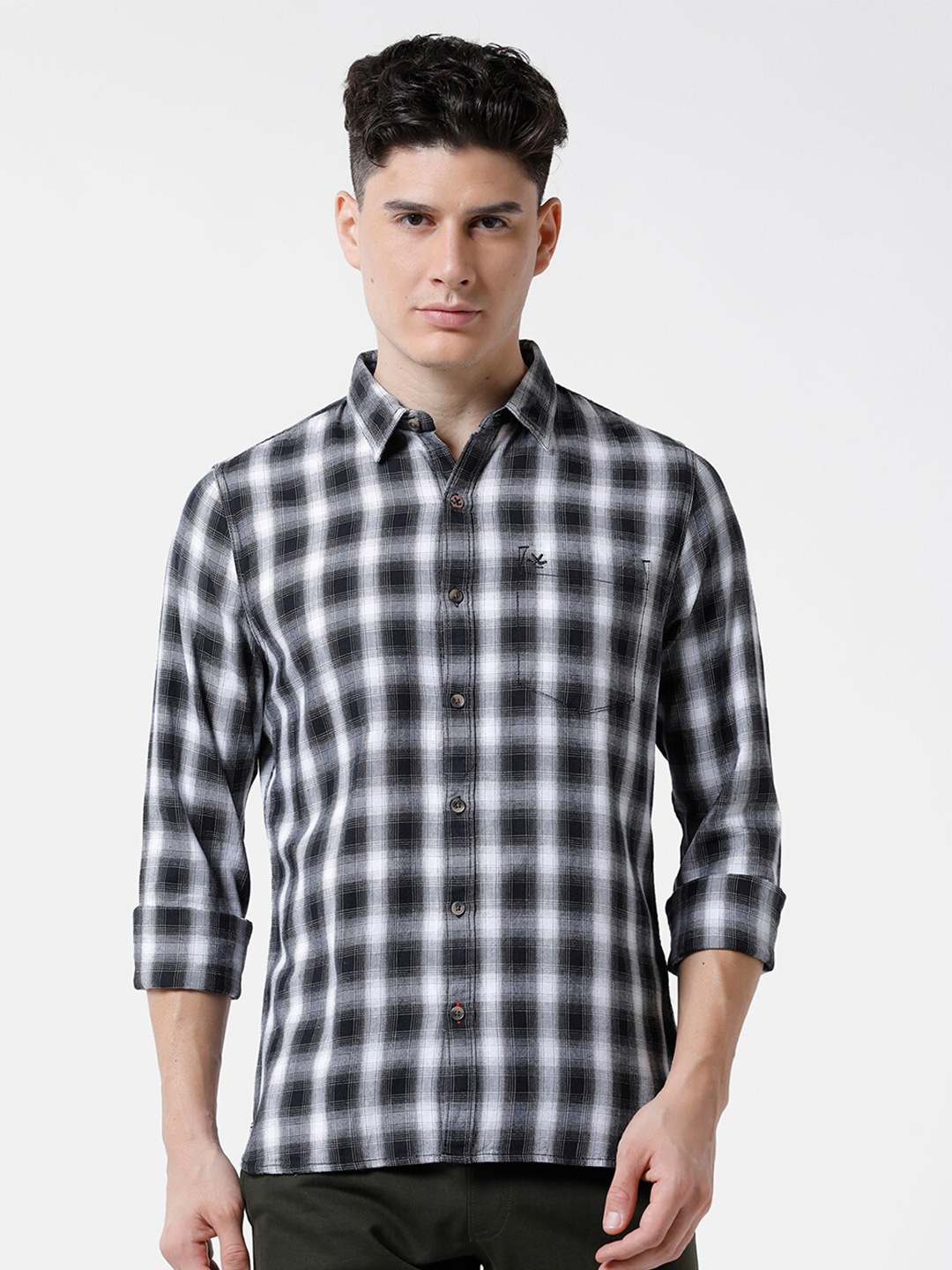 

WROGN Men Slim Fit Tartan Checks Casual Cotton Shirt, Black