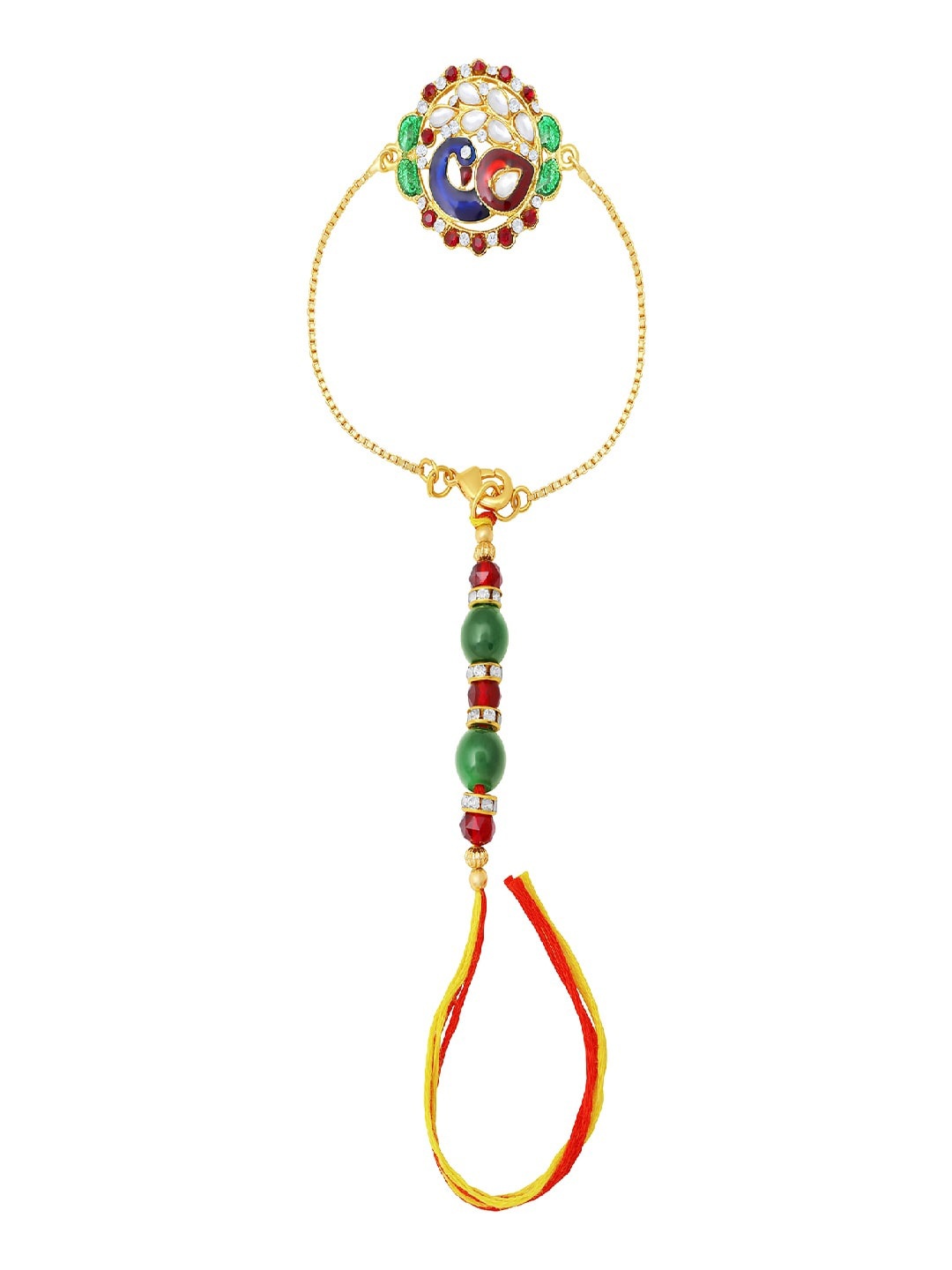 

Mahi Peacock Shaped Meena Work Enamel Lumba Rakhi, Gold