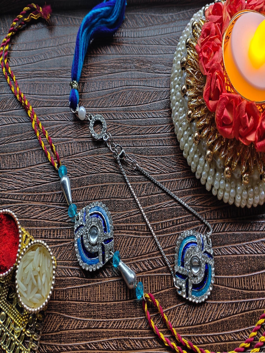 

Mahi Set Of 2 Stone-Studded & Enamelled Rakhi & Lumba Rakhi, Blue