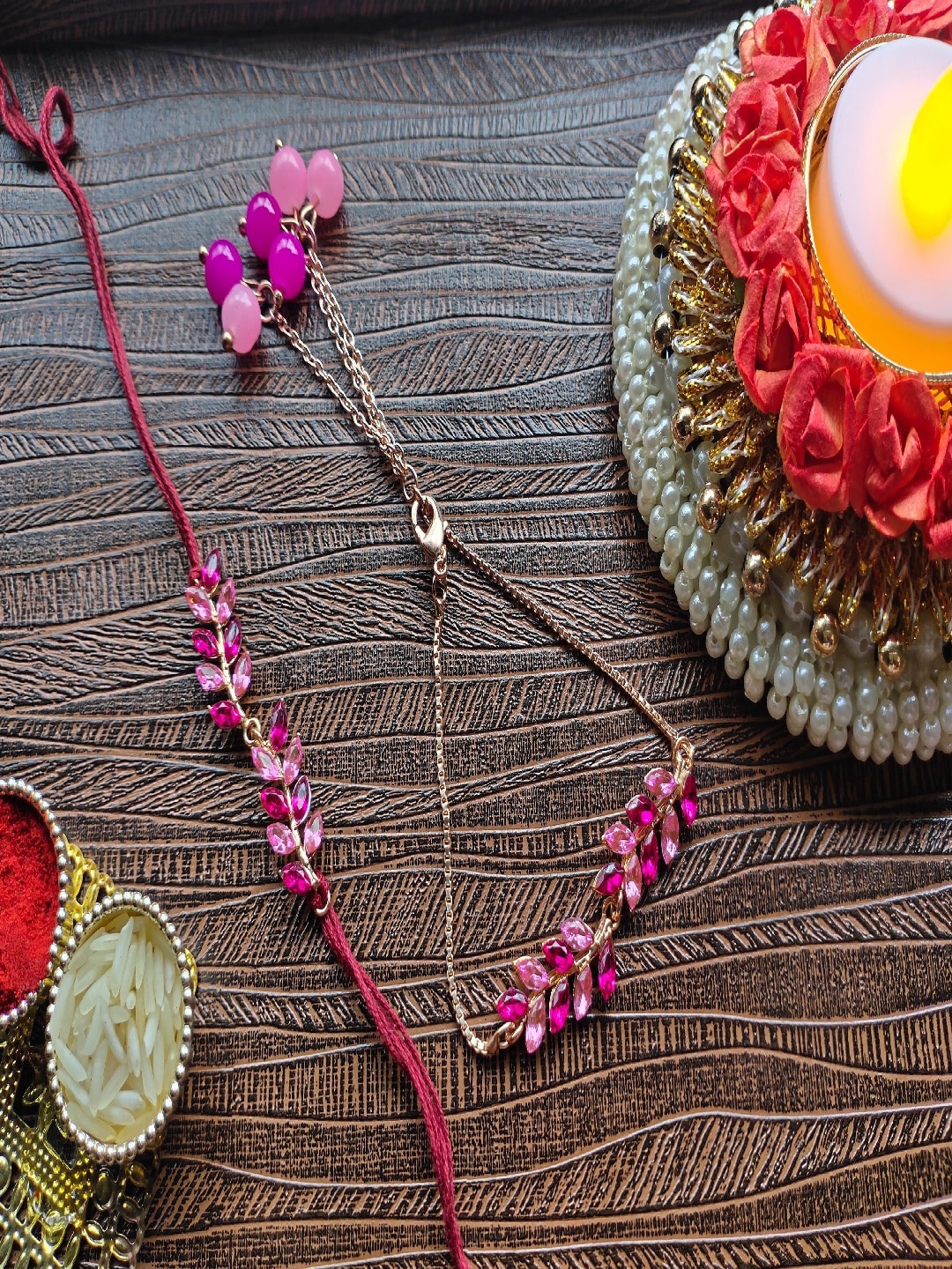 

Mahi Set Of 2 Stone-Studded & Leaf Shaped Rakhi & Lumba Rakhi, Pink