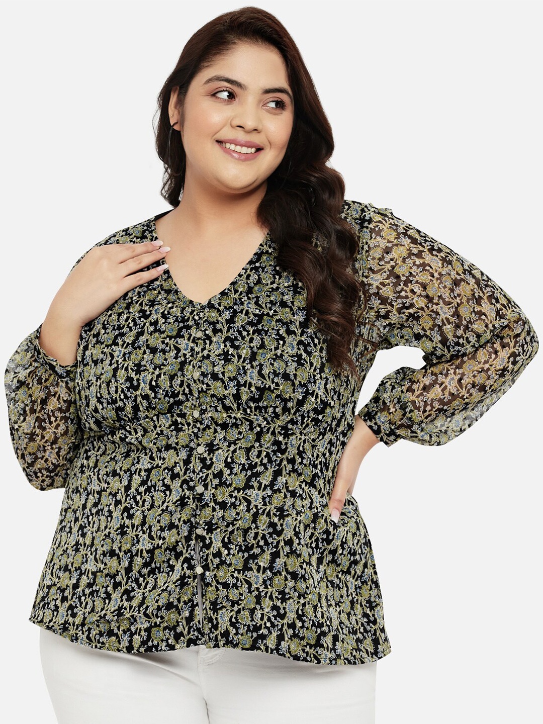 

wild U Plus Size Floral Print V-Neck Top, Black