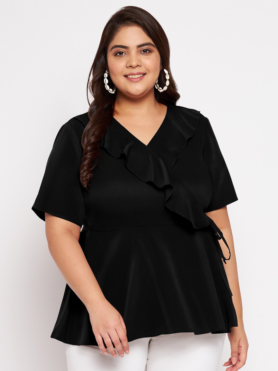 

wild U Plus Size Ruffle Wrap Peplum Top, Black