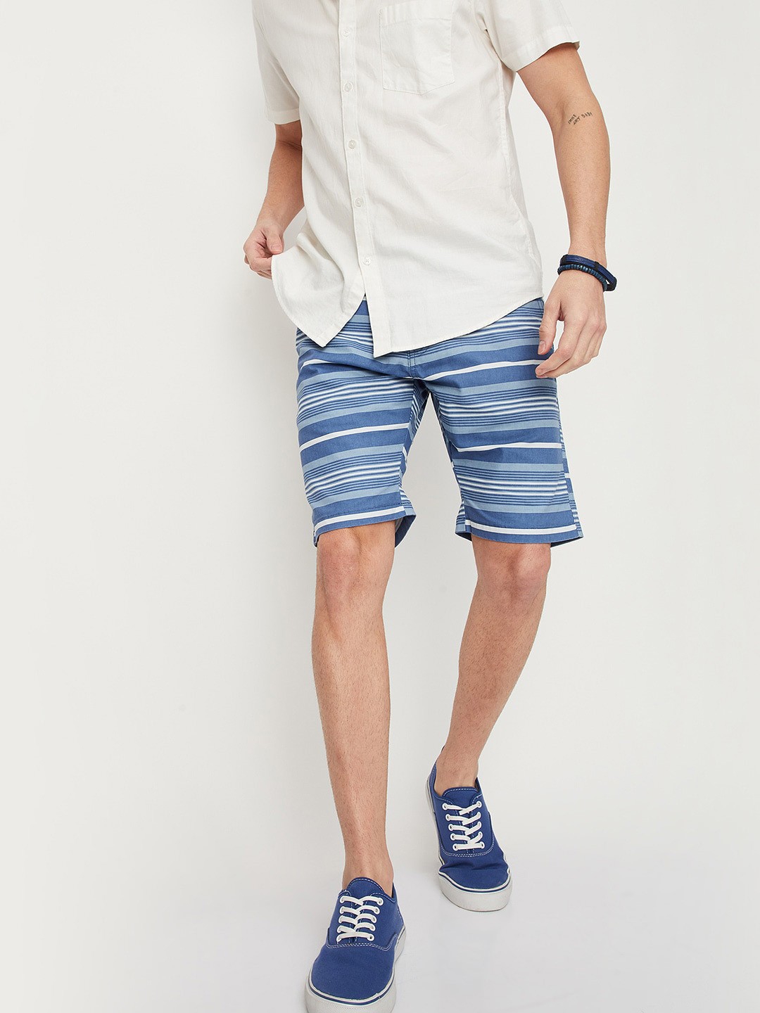 

max Men Striped Mid-Rise Regular Fit Pure Cotton Shorts, Blue