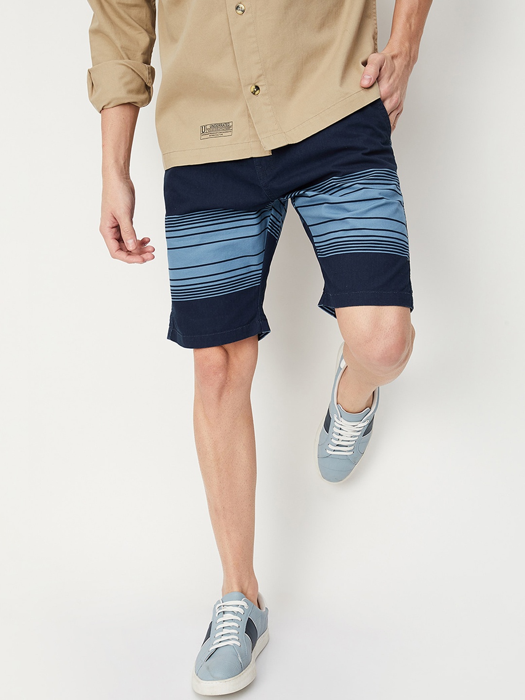 

max Men Striped Pure Cotton Regular Fit Denim Shorts, Blue