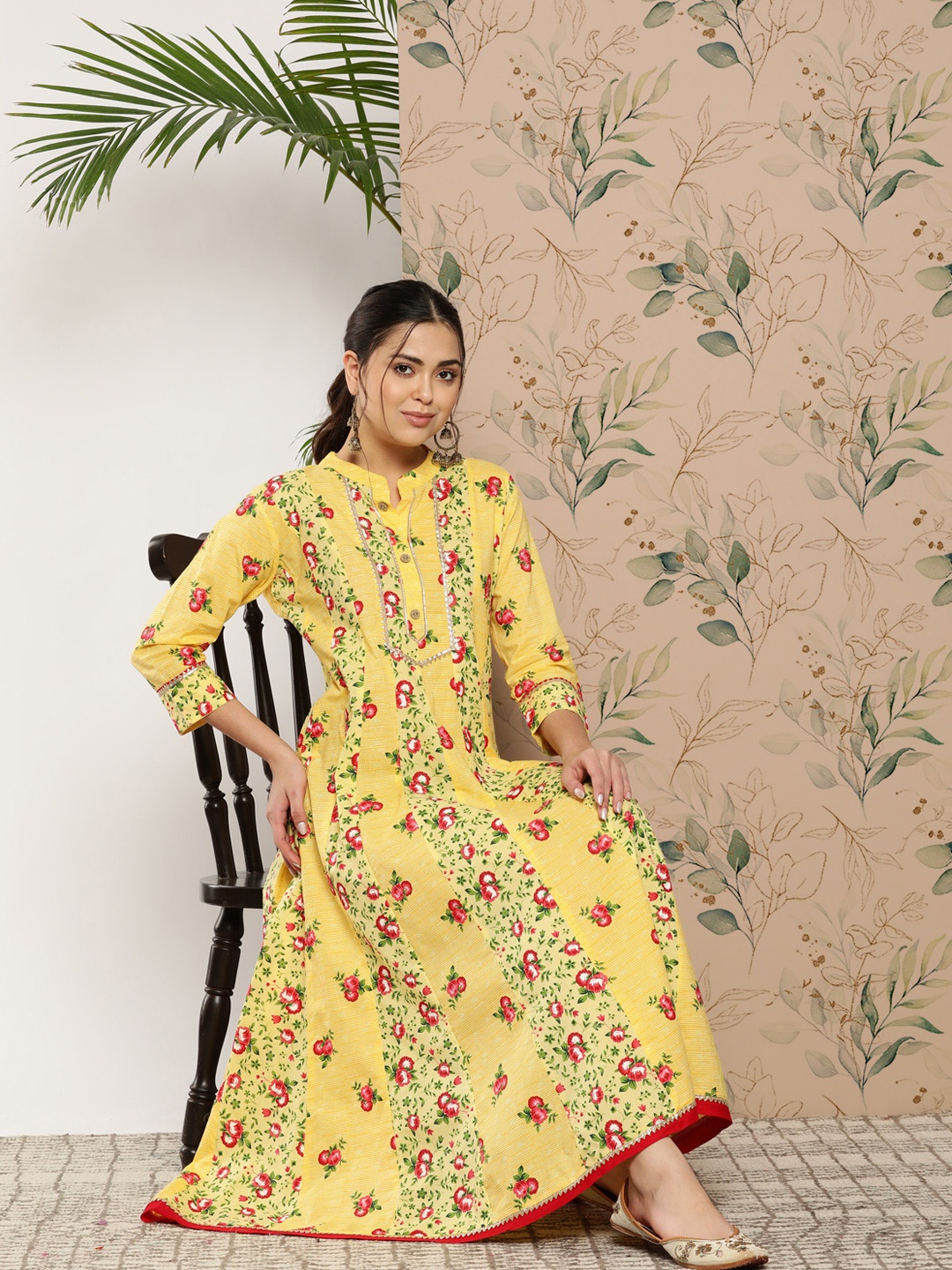 

KALINI Floral Printed Mandarin Collar Gown Dress, Yellow