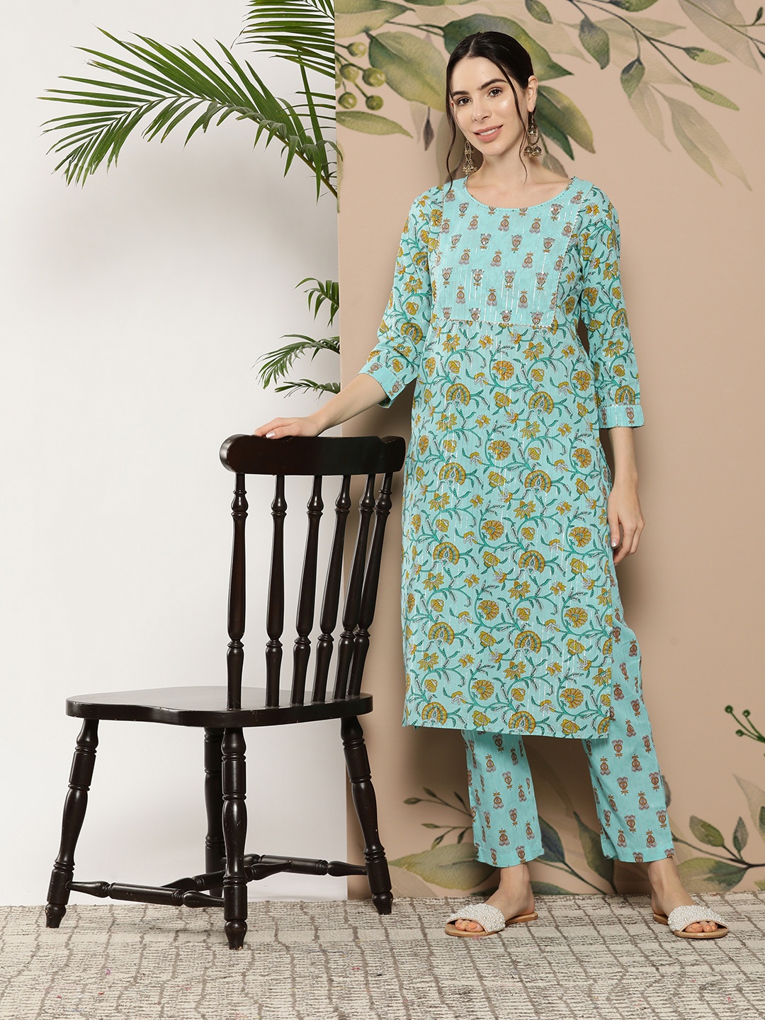 

KALINI Ethnic Motifs Printed Gotta Patti Pure Cotton Kurta With Trousers, Turquoise blue